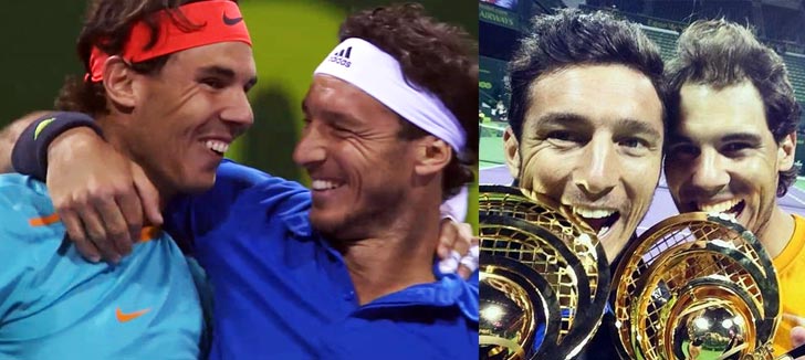 Rafa Nadal y Juan M�naco festejando el titulo conseguido en el dobles de Doha 2015