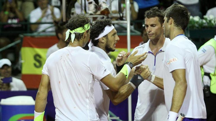 Saludo final de la pareja Nadal-M�naco al duplo Cermark-Vesely en el Argentina Open 2015